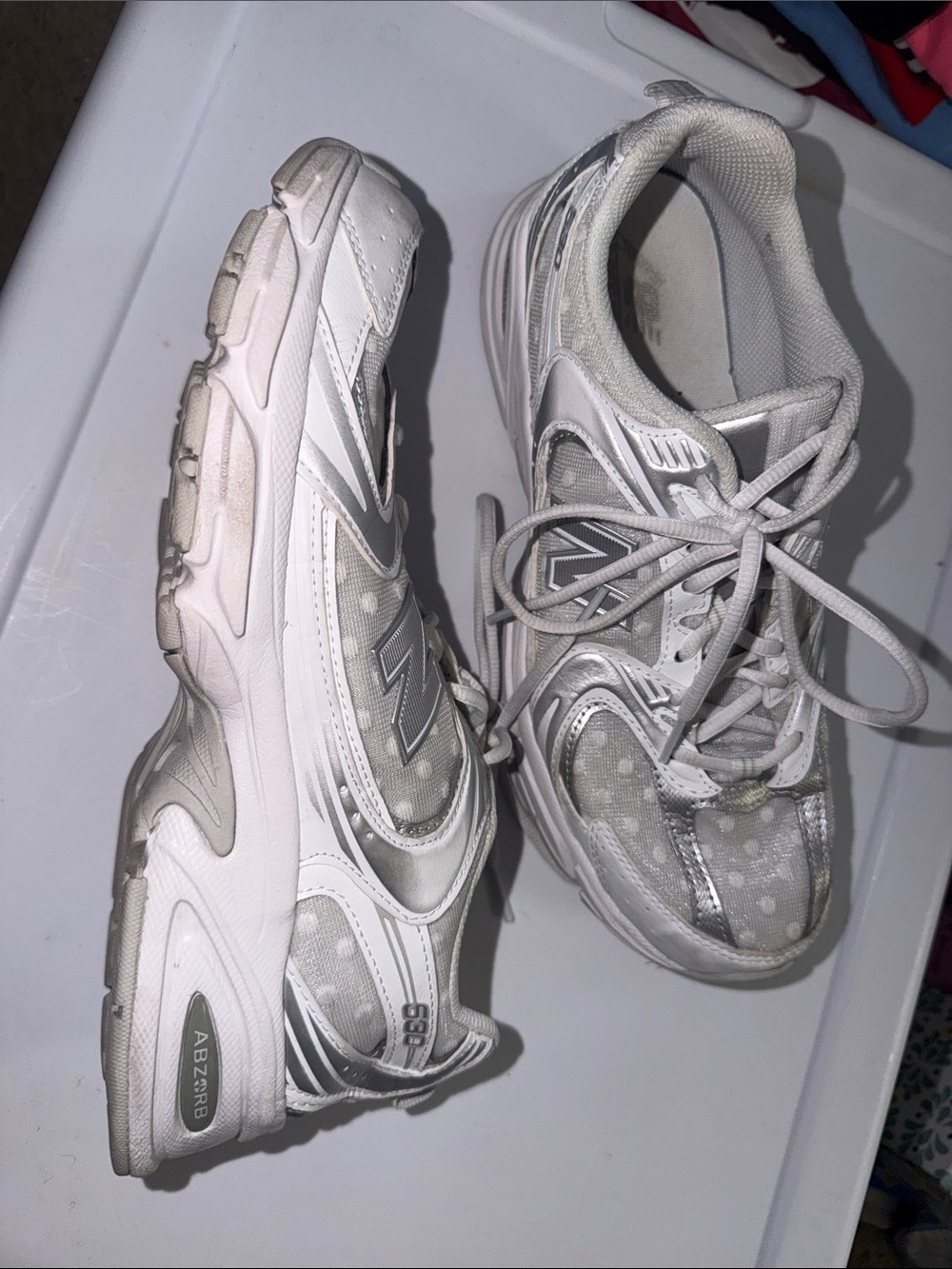 New Balance Women's Polka Dot White and Silver Athletic Lace-Up Sneakers